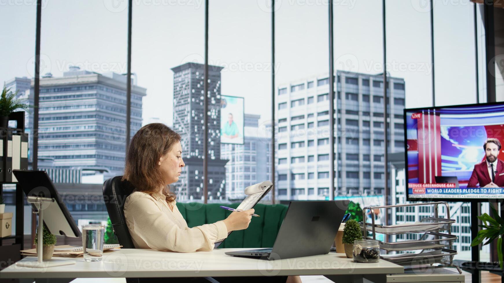 Business entrepreneur signing contracts and documents to approve the next activity for enterprise management and development. Female CEO working on legal paperwork, authorization. Camera B. photo