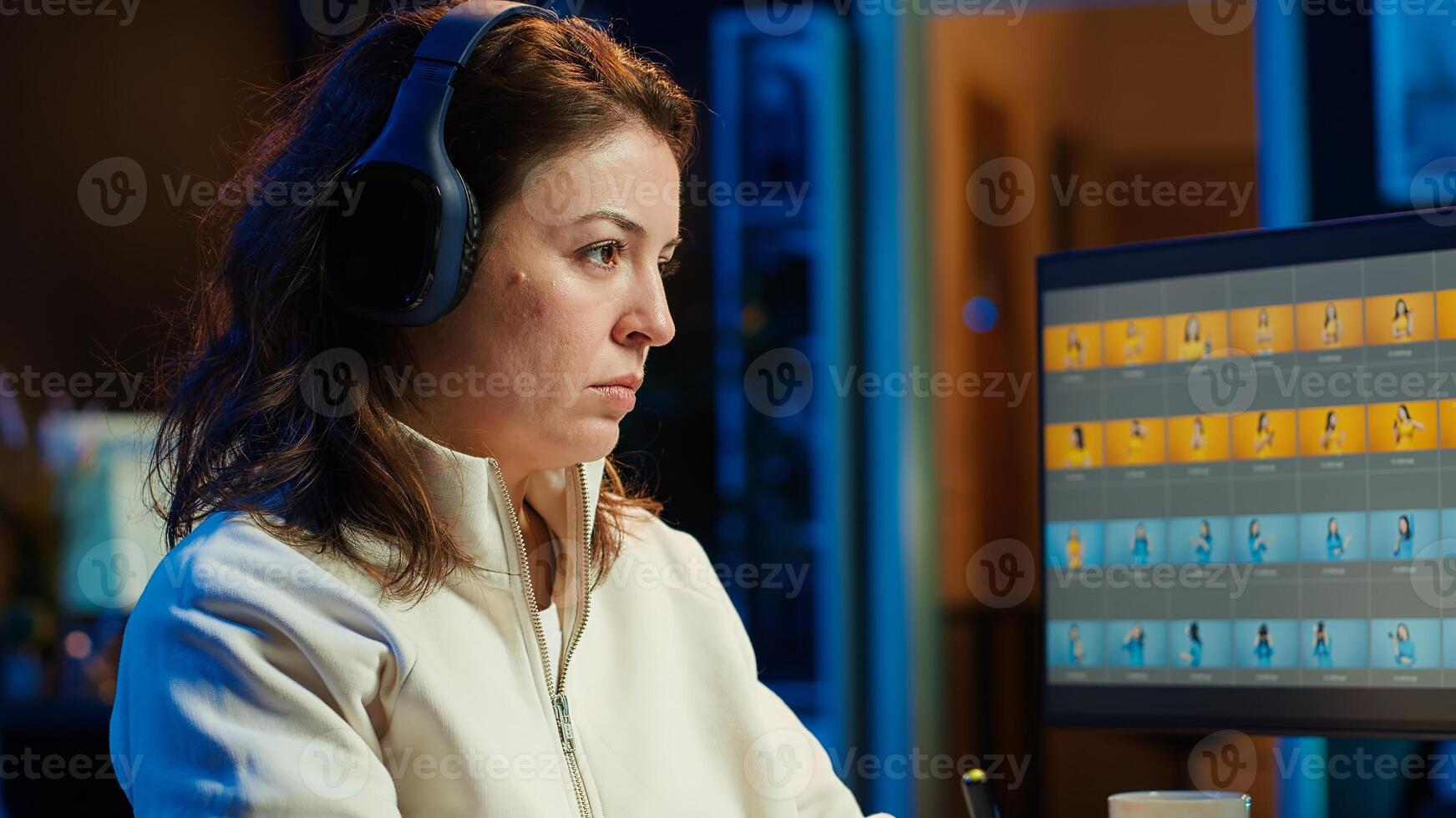 Photo editor using graphic tablet to edit images lighting, delivering visually appealing final product, listening podcasts. Freelancer wearing audio headset, browsing through photographs, camera A