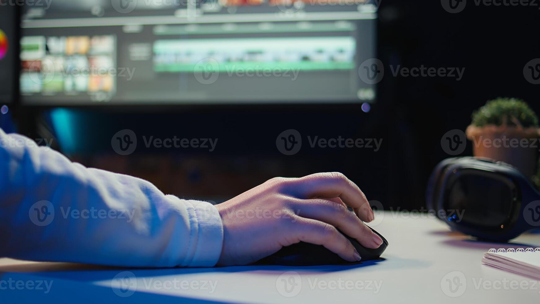 Extreme close up shot of editor selecting key frames to use while doing montage, working from home on computer. Woman using mouse to edit movie project footage in studio, camera B photo