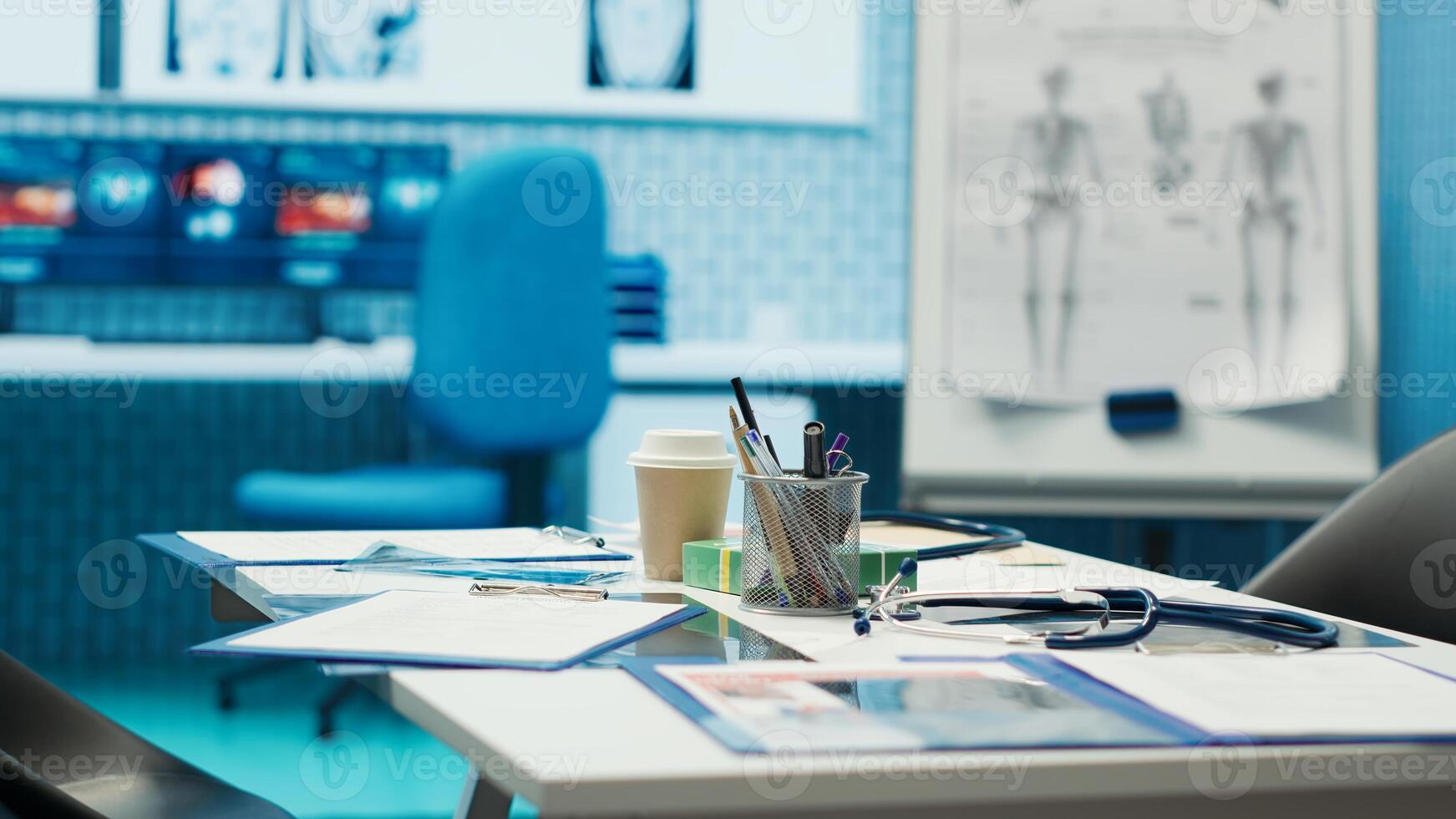 Empty medical facility with modern equipment designed for medicine in finding the right diagnostic, x ray machine and hospital records. Private clinic office space for healthcare industry. photo
