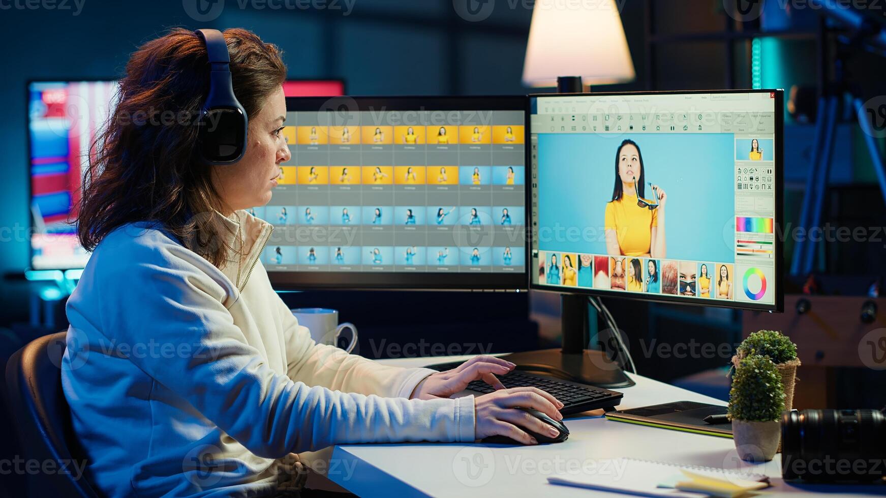 Freelancer editing professional photographs, working in home studio while enjoying music. Photo editor using headphones to listen favorite songs while using editing software, camera A