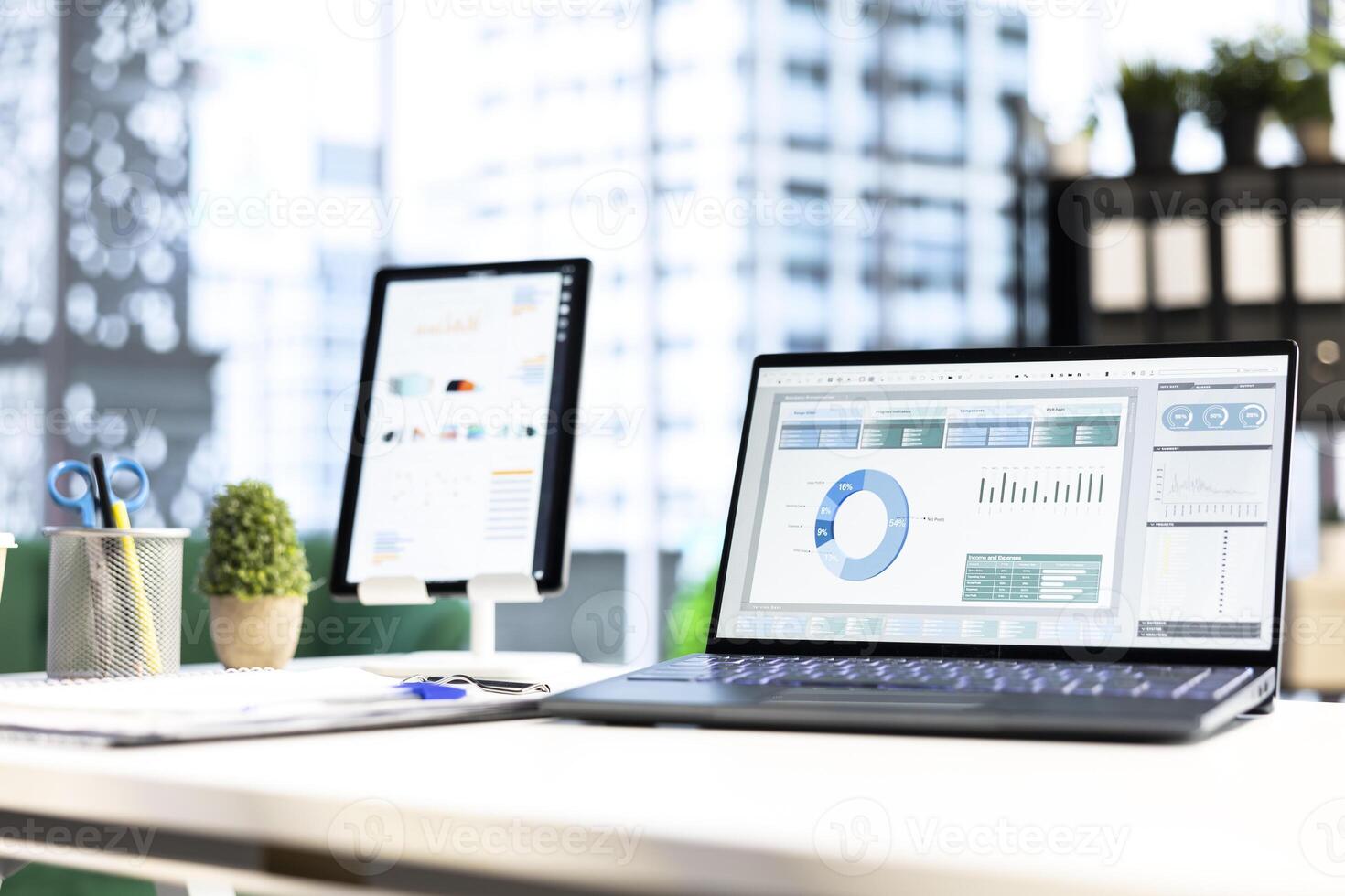 Modern work environment in a urban corporation downtown building, high end workspace with business analytics trends running on screen. Career development, office life. Close up. photo