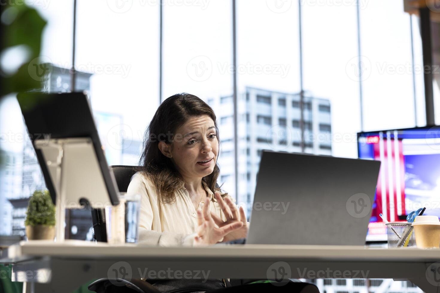 Empowered businesswoman sharing her goals and targets for the enterprise activity, discussing with investors on videoconference about a potential loan. Executive power from shareholders. photo