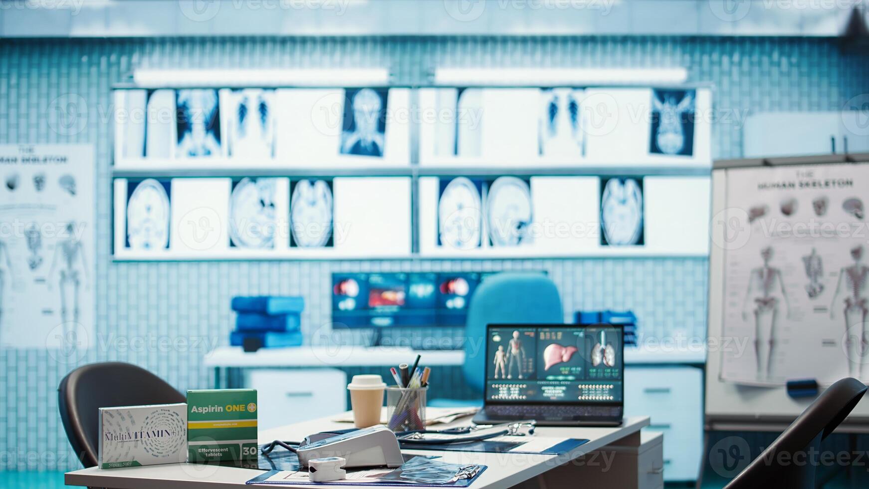 Spacious and empty healthcare office with modern medical equipment, designed for patient care and treatment. Emphasizing the importance of examinations with a stethoscope. Close up. photo