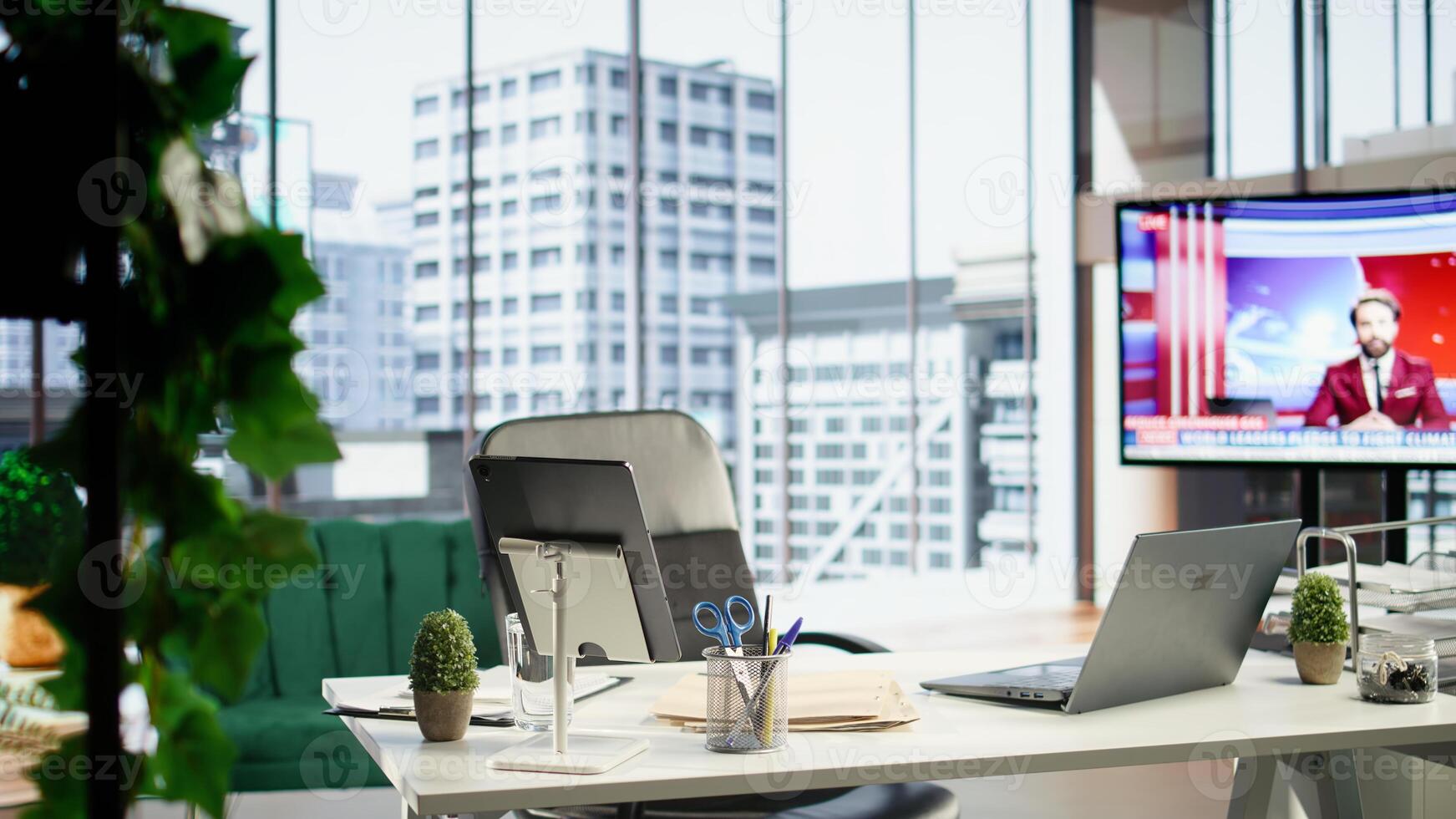 Empty high end corporation workspace with modern tools and gadgets that serve in the business industry. Corporate culture concept, career development with executive power. photo
