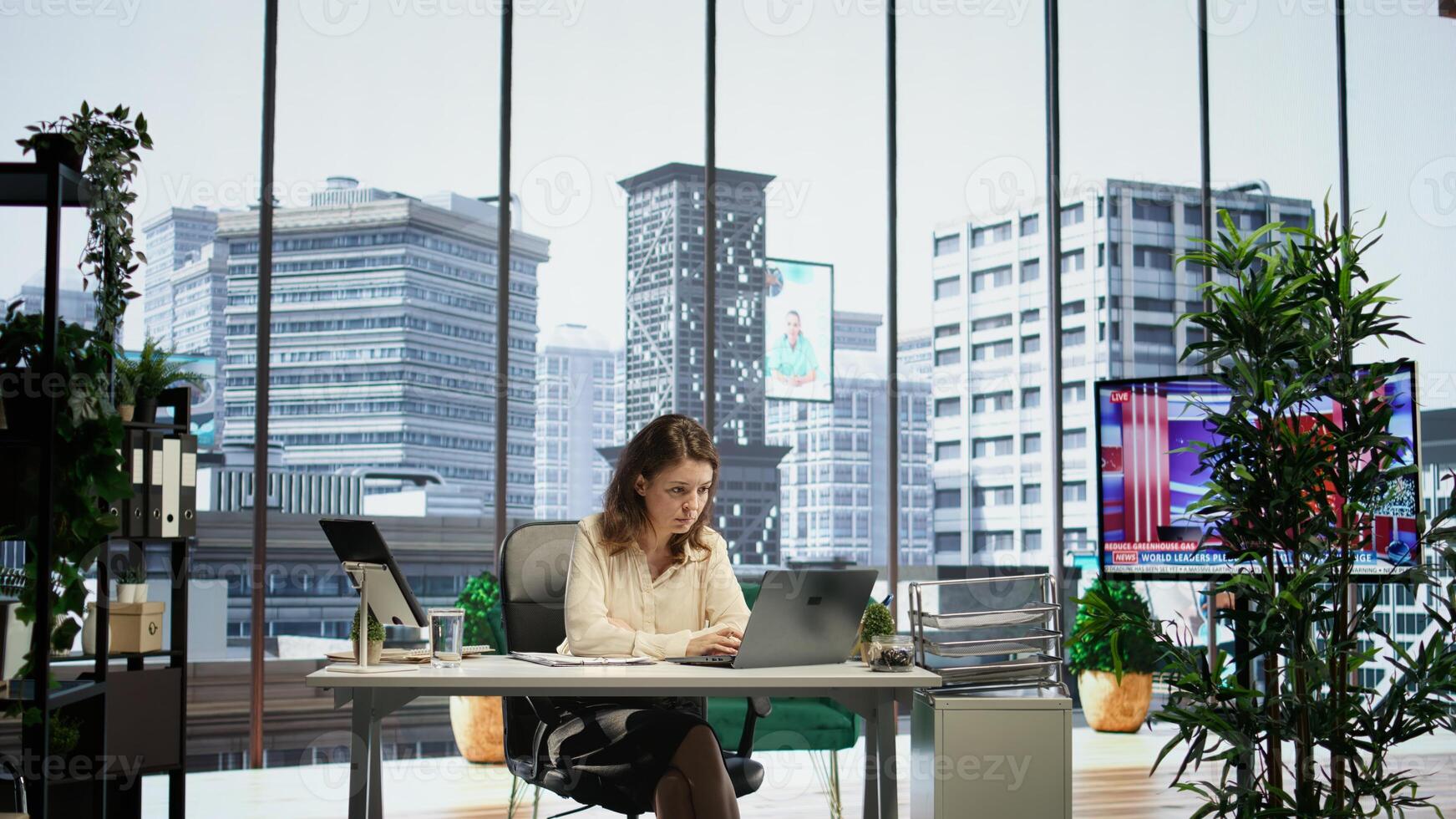 Business director signing contracts and paperwork to approve the daily activity for enterprise management and development. Female CEO working with legal documents, authorization. Camera B. photo