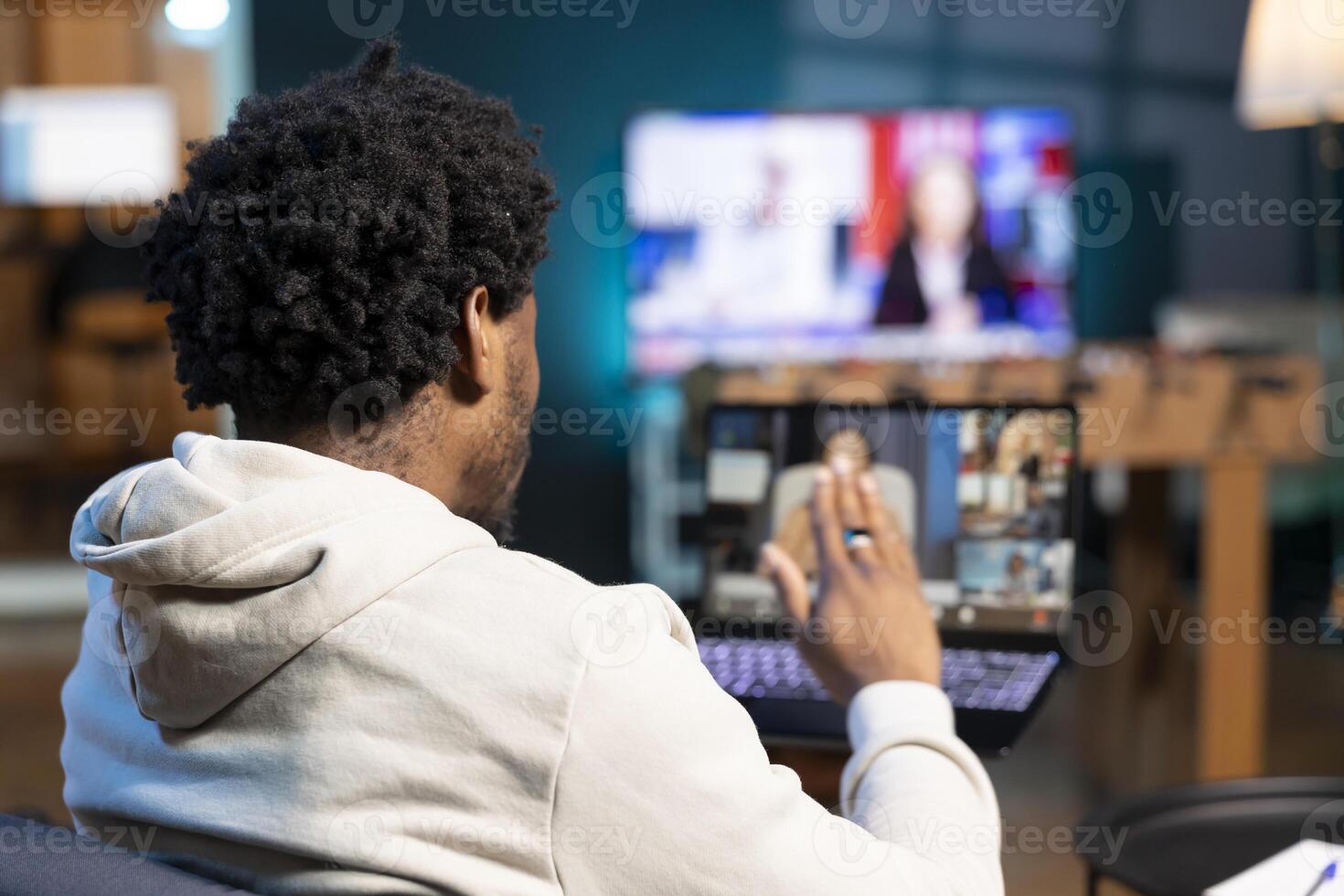 Remote employee making report to board of directors during company meeting on videocall. Man working from home participating in corporate remote videoconference call, presenting project photo