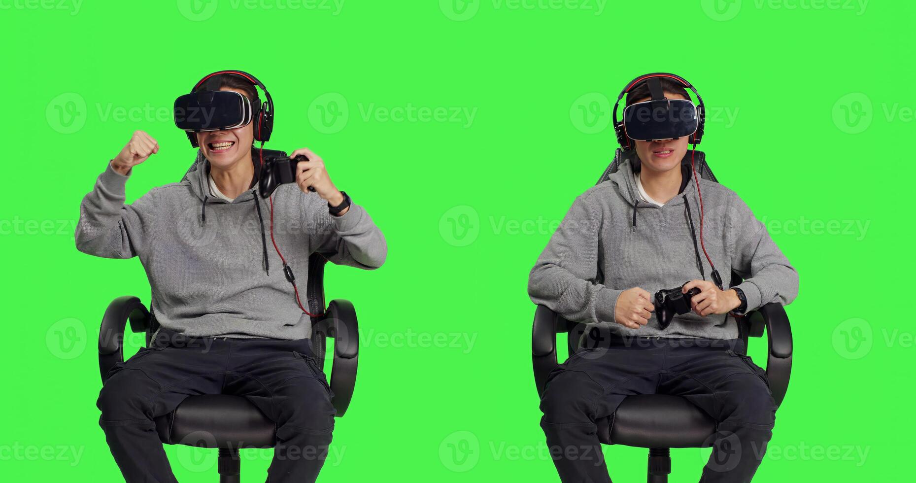 Young man playing action with vr glasses sitting over greenscreen backdrop, enjoying controller games. Asian gamer having fun with online rpg challenge, virtual reality leisure activity. photo