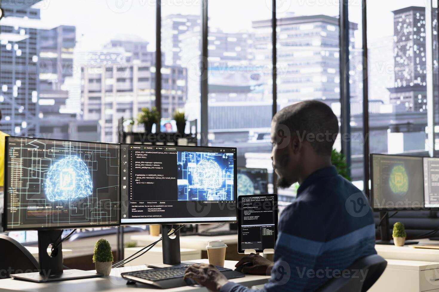 Technician testing AI company software, identifying bottlenecks in machine learning tech. Data science specialist writing clean, efficient code in programming language to reduce errors photo