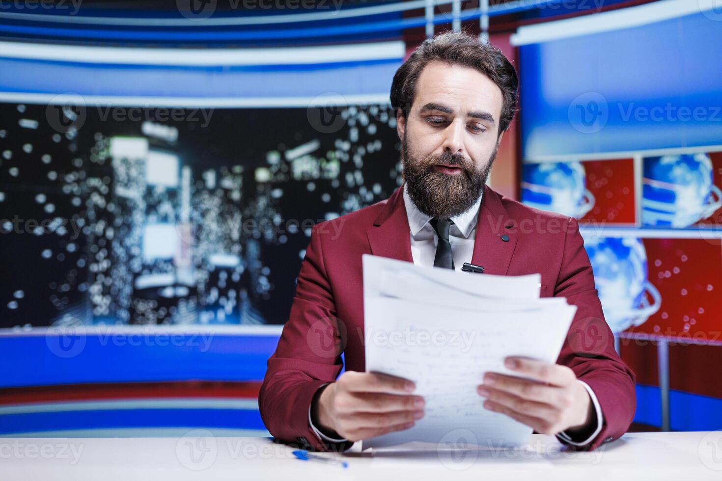 Anchorman on midnight talk show presenting latest events on international tv program, broadcasting information for television content. Entertainment segment host reading daily headlines. photo