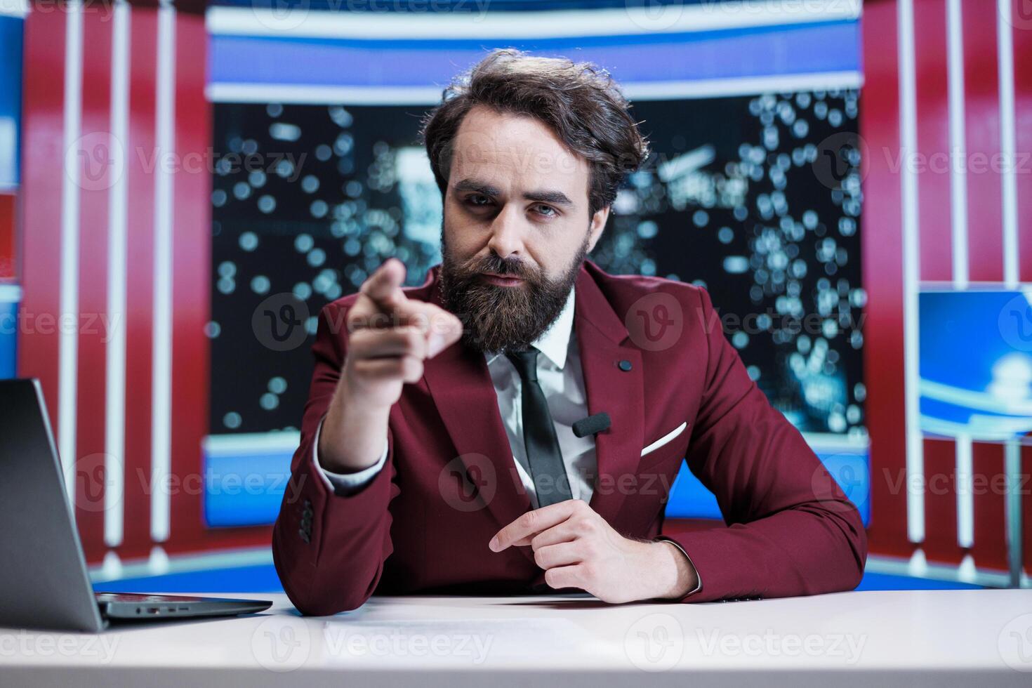 Male correspondent operates in worldwide media sector, providing breaking news live on air. Journalism analyst in newsroom reporting latest developments and events, tv channel. photo