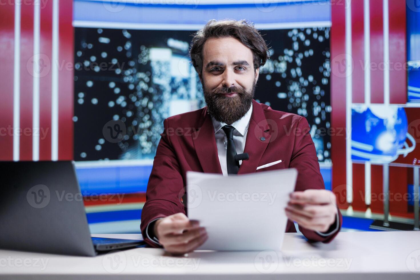 News broadcaster presenting activities and analyzing latest developments in recreational sector. Live global transmission of everyday events and news about celebrities by TV correspondent. photo