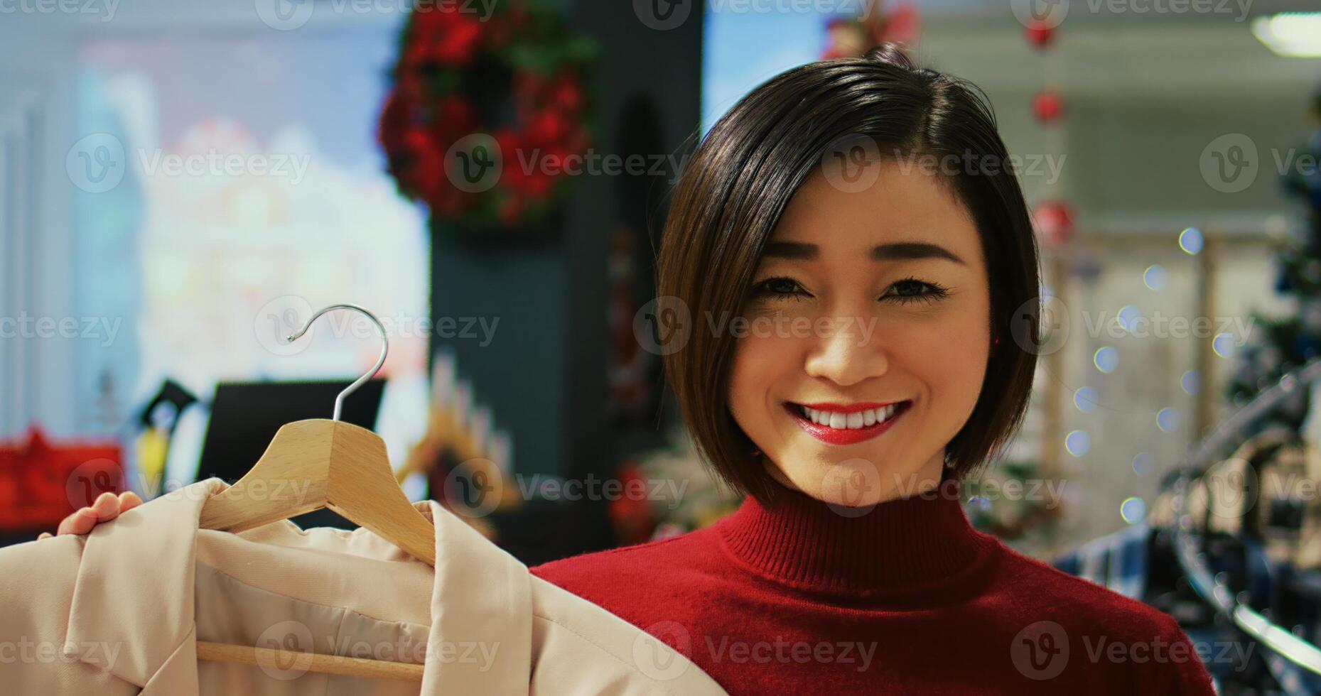 Portrait of happy asian woman in red sweater browsing through clothes racks in festive shopping mall clothing store during Christmas holiday season. Shopper looking to buy gifts in fashion boutique photo