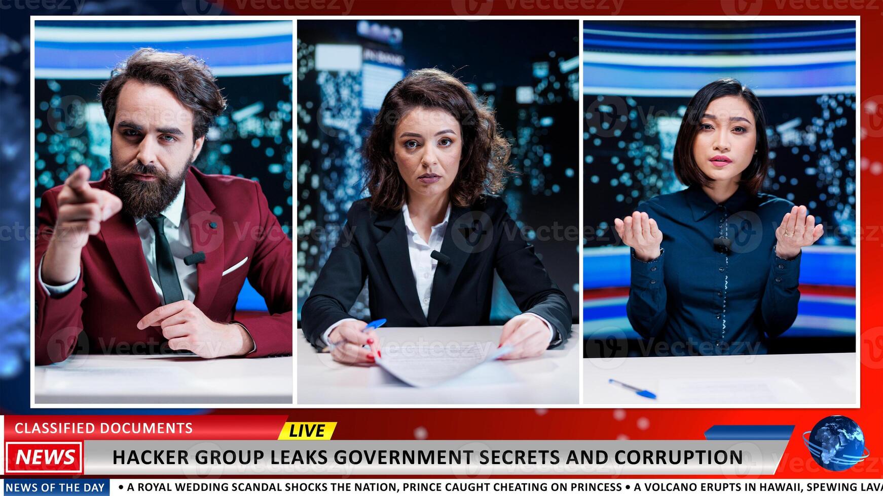 Reporters reveal classified documents shared by hackers exposing government secrets, expert show host debating national issue with guests live on tv program. Journalists talking about fraud. photo