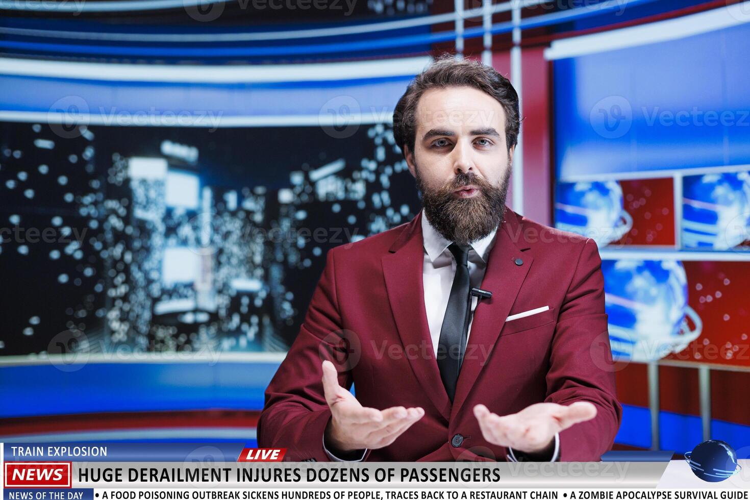 Newscaster reveals dangerous occurence, breaking news concerning victims of train derailment caused by explosion. Devastating details about people hurt or killed after railway accident. photo