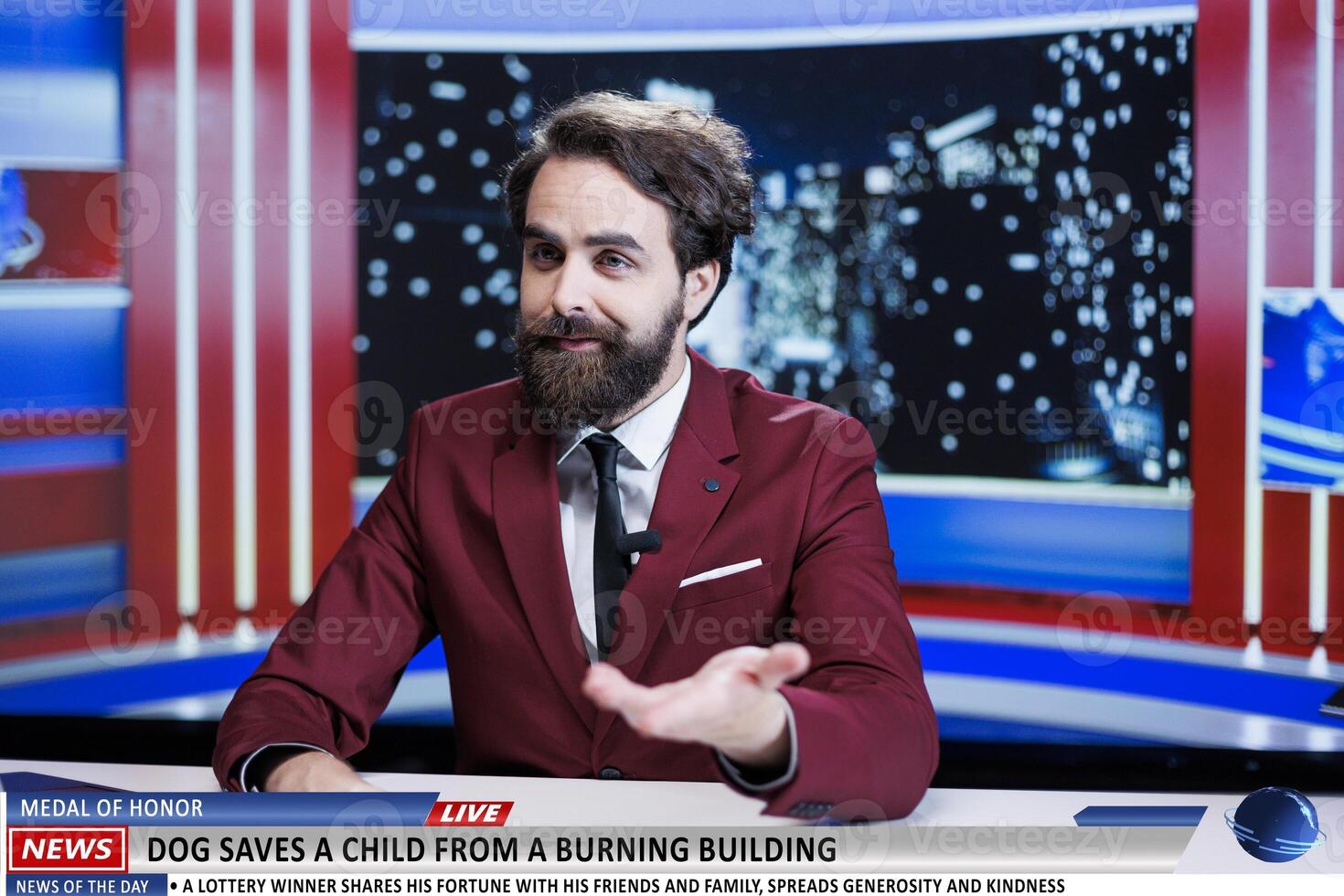 Dog saving child from fire overwhelming news report presented by professional skilled night show host live on television. Reporter talking about building burning and animal helping people. photo