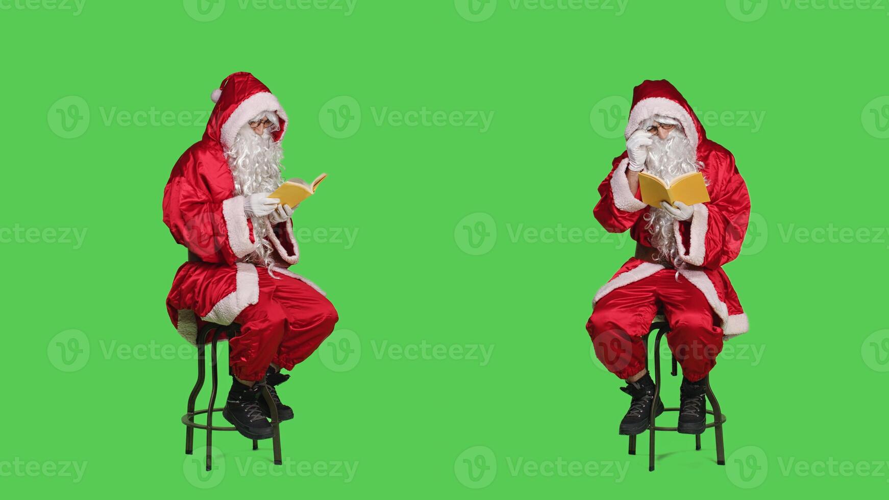Saint nick reading novel story on chair, using book for lecture hobby as wise father christmas character. Santa claus embodiment read literature, fiction or poetry during winter holidays. photo
