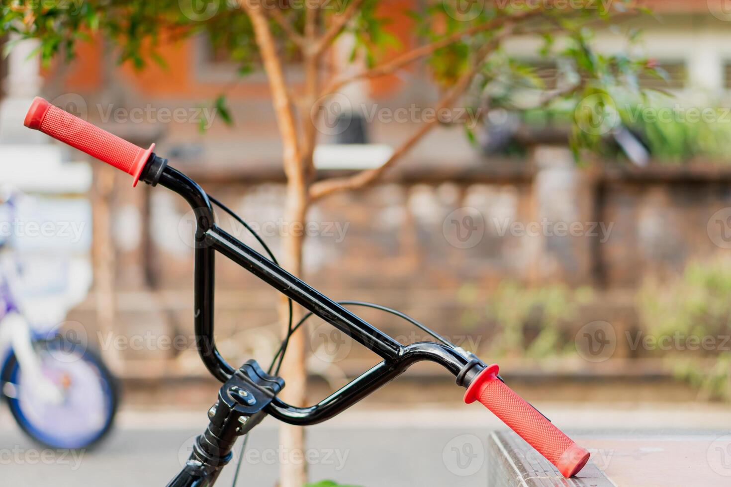 Close-Up of Bicycle Handlebars with Red Grips Outdoors photo
