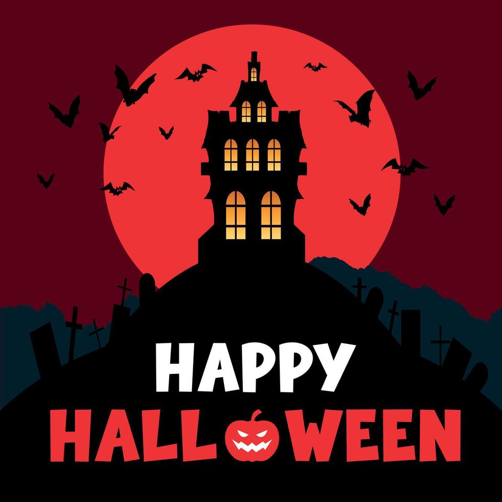 Happy Halloween Card Design illustration. Pumpkin, Bat and Moon. vector