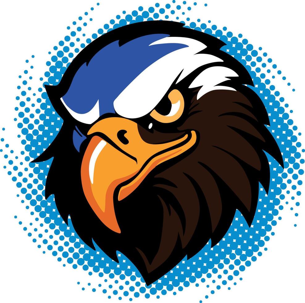 A striking eagle mascot head adorned with blue and yellow feathers vector