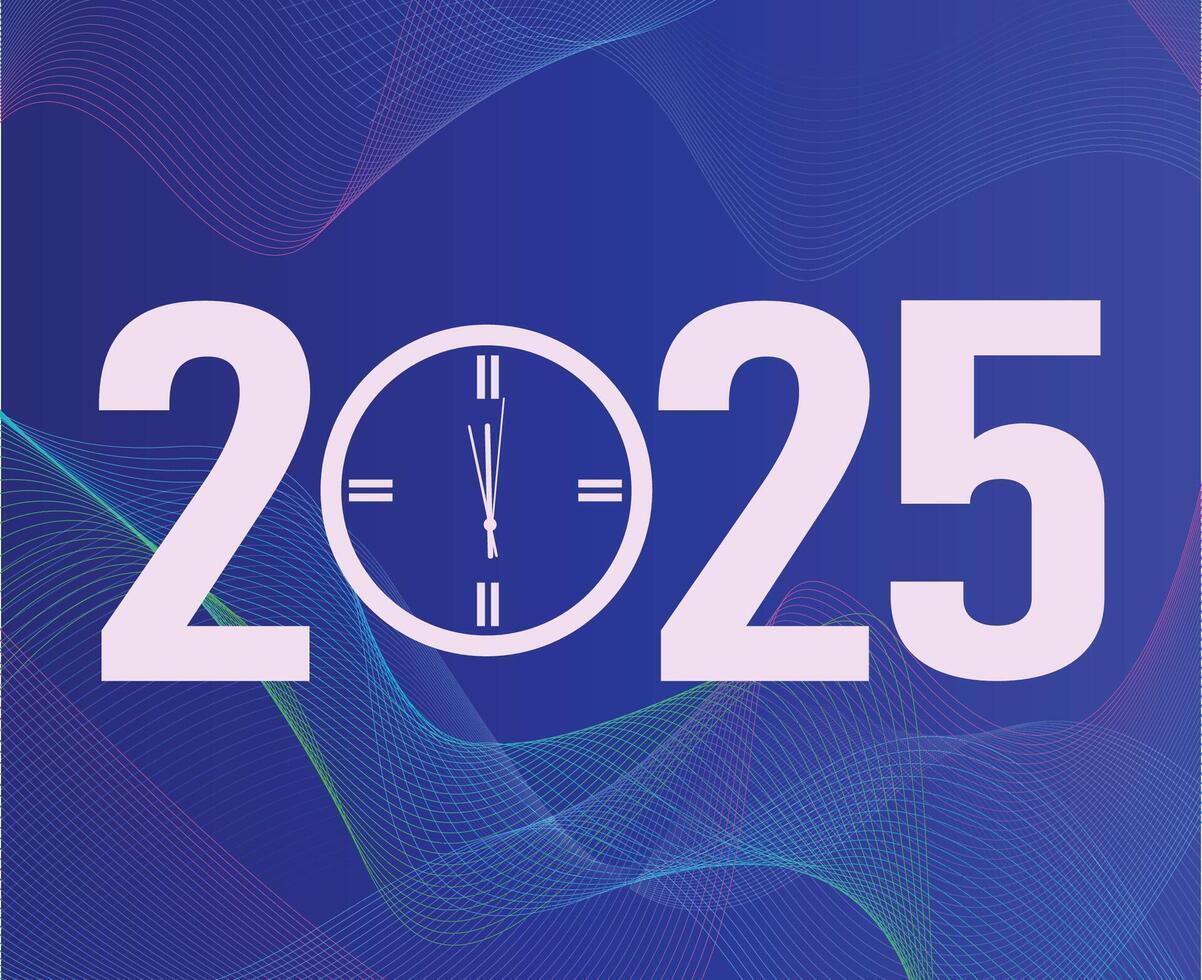 2025 Happy New Year Design Blue And White Festive Abstract With Clock Logo Symbol Illustration vector