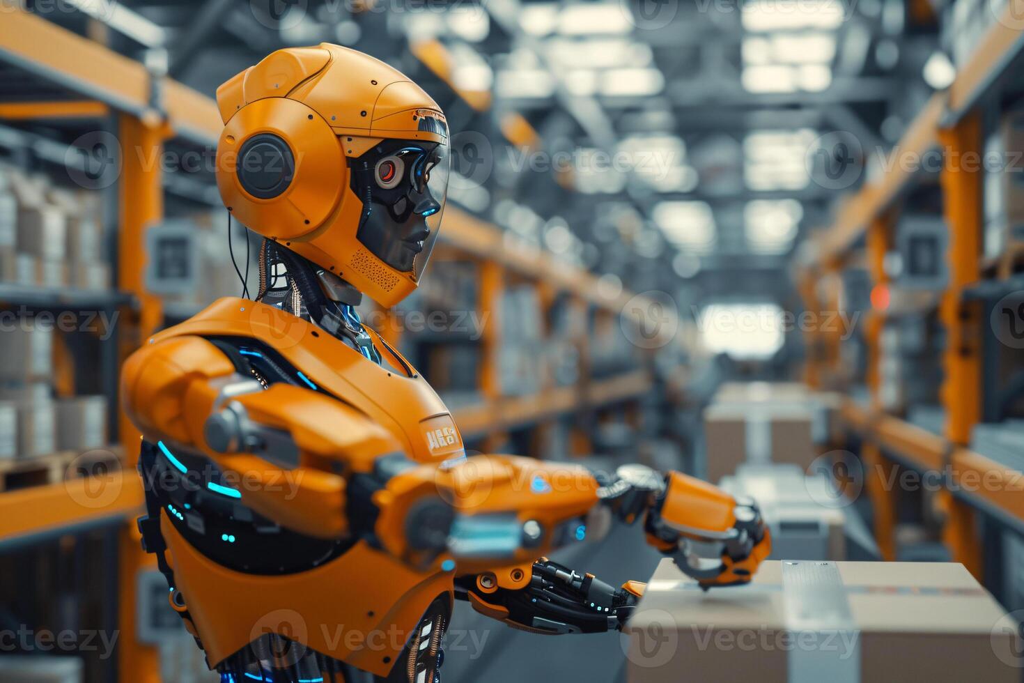Robot at work in the factory. Warehouse working on production line. . photo