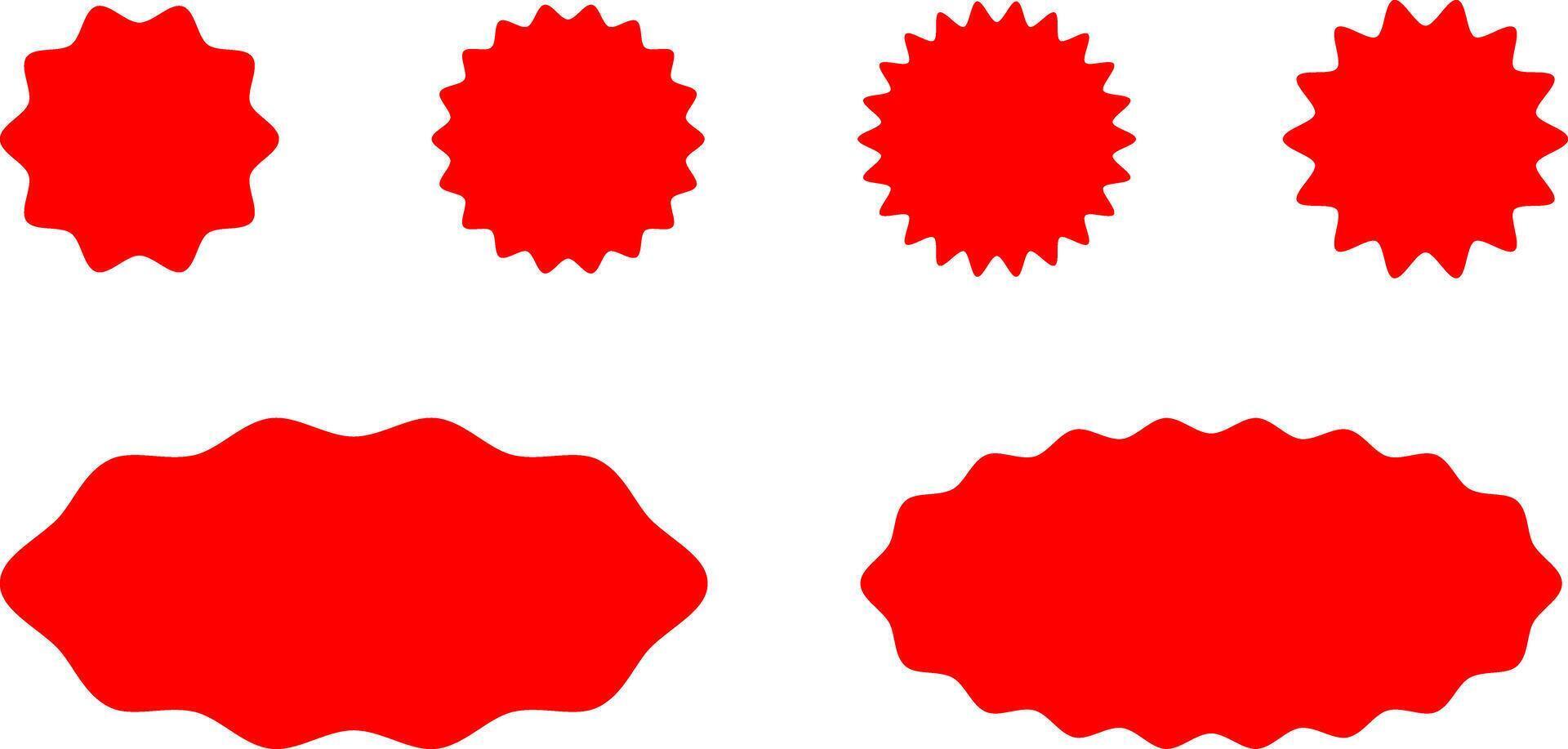 Starburst red sticker set - collection of special offer sale round and oval sunburst labels and buttons isolated on white background. Promo stickers with star edges vector