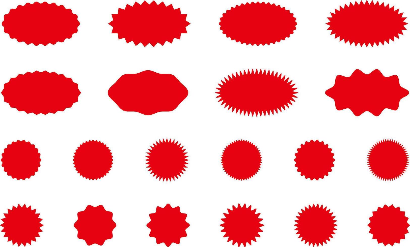 Starburst red sticker set - collection of special offer sale round and oval sunburst labels and buttons isolated on white background. Promo stickers with star edges vector