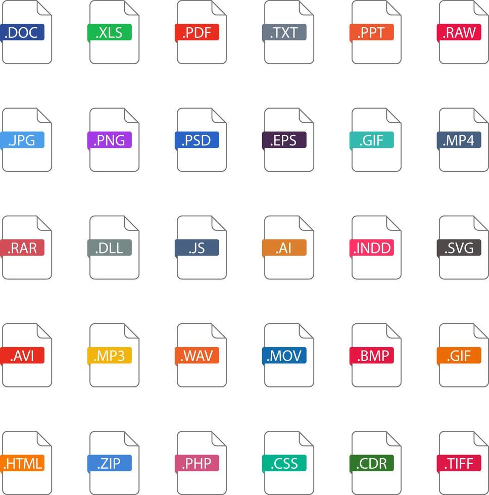 List of Document File Types and Extensions. Set of pdf, doc, jpg, xls, zip. Graphic templates for ui. Common Types of File Formats. Web file labels icon set. illustration. vector