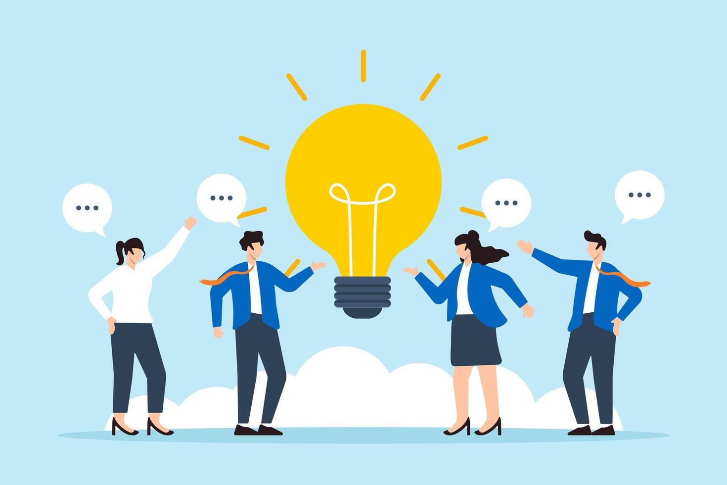 Flat illustration of business people discuss ideas with lightbulb speech bubble representing effective communication vector