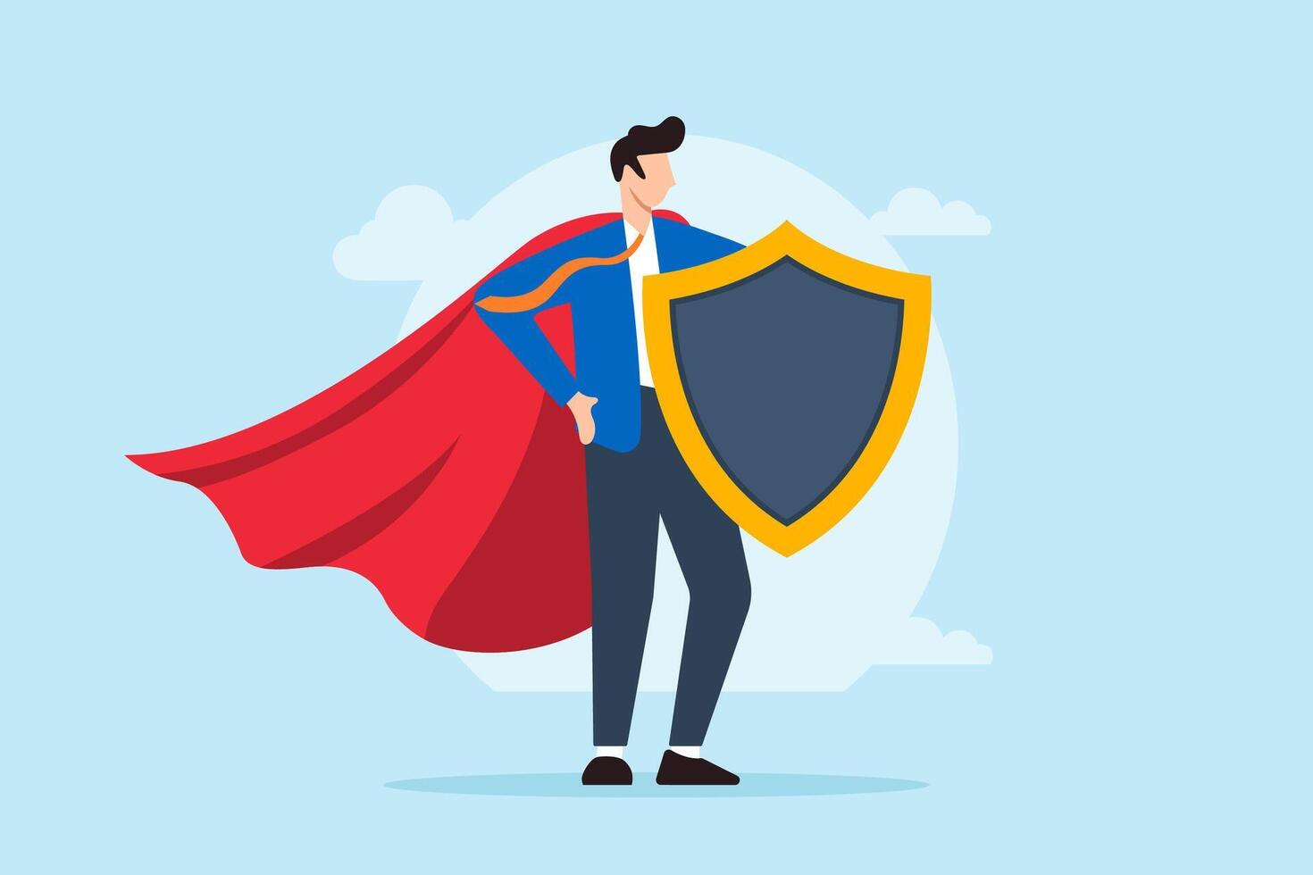 Flat illustration of businessman superhero holds strong protection shield symbolizing security and safeguarding against cyber threats vector