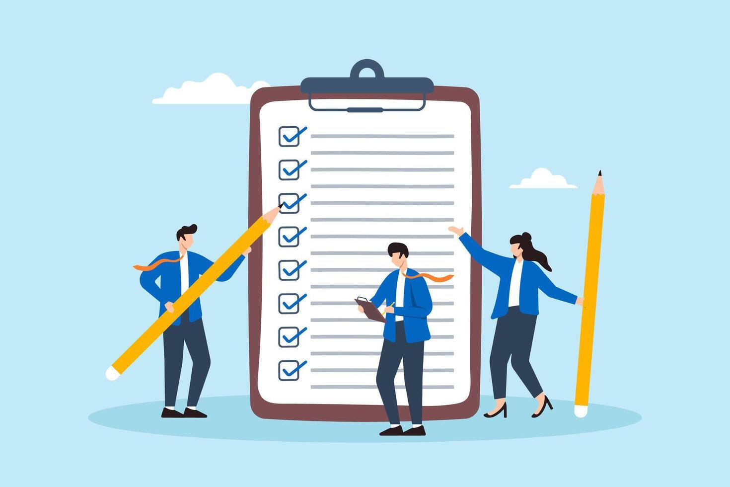 Flat illustration of business people hold pencils to complete task checkbox on project checklist vector