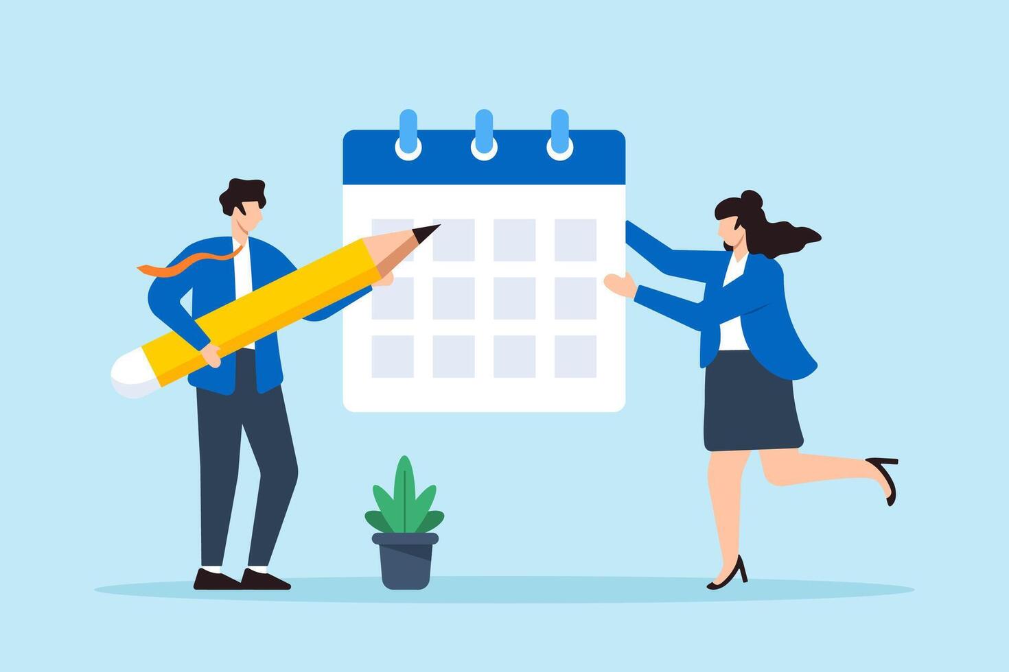 Flat illustration of businessman and businesswoman carry big calendar with pencil planning their project schedule and deadlines vector