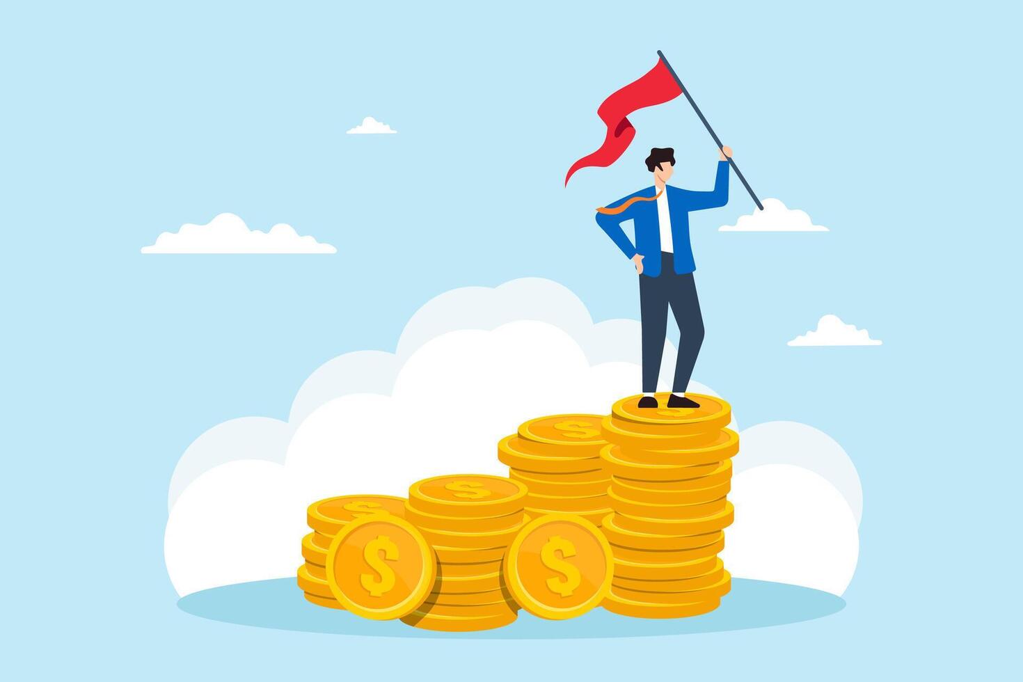 Flat illustration of businessman stands on stack of money holding success red flag to represent financial growth and investment vector