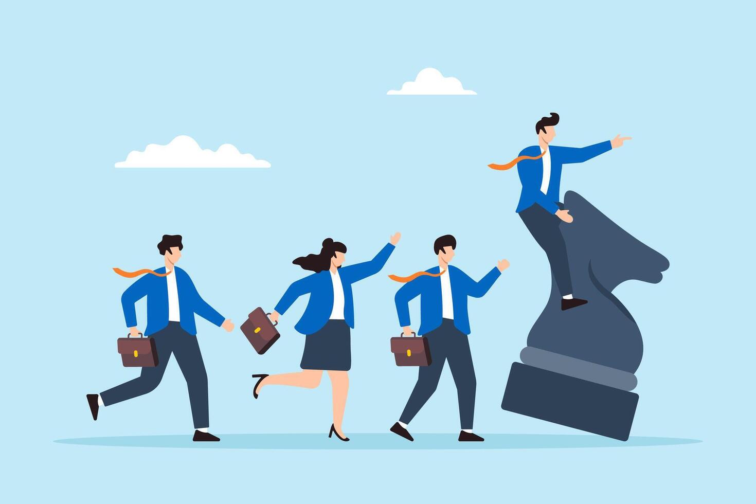 Flat illustration of businessman rides chess knight leading team with courage and confidence towards business victory vector