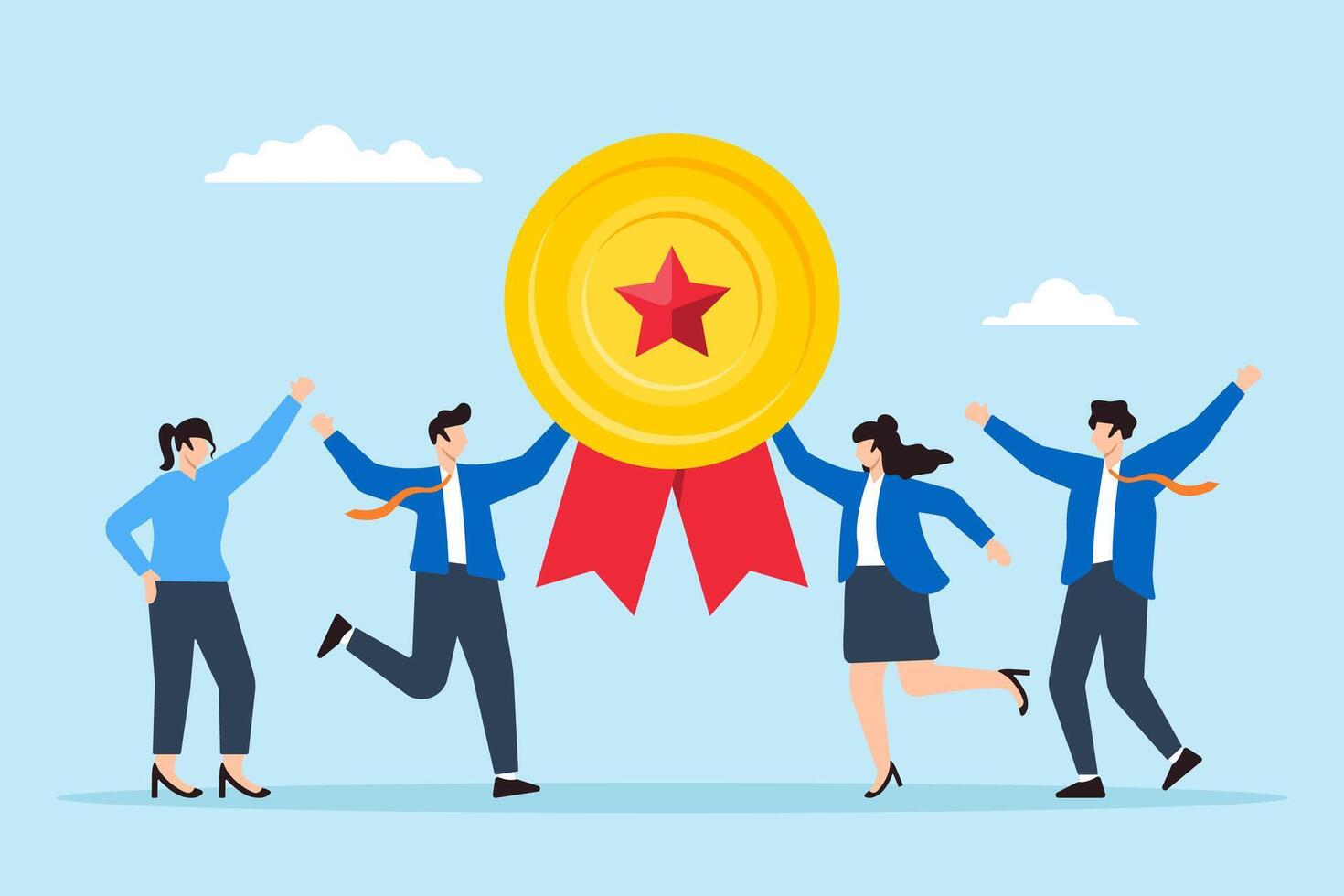 Flat illustration of business people celebrate achievement of high quality badge symbolizing teamwork and high performance vector