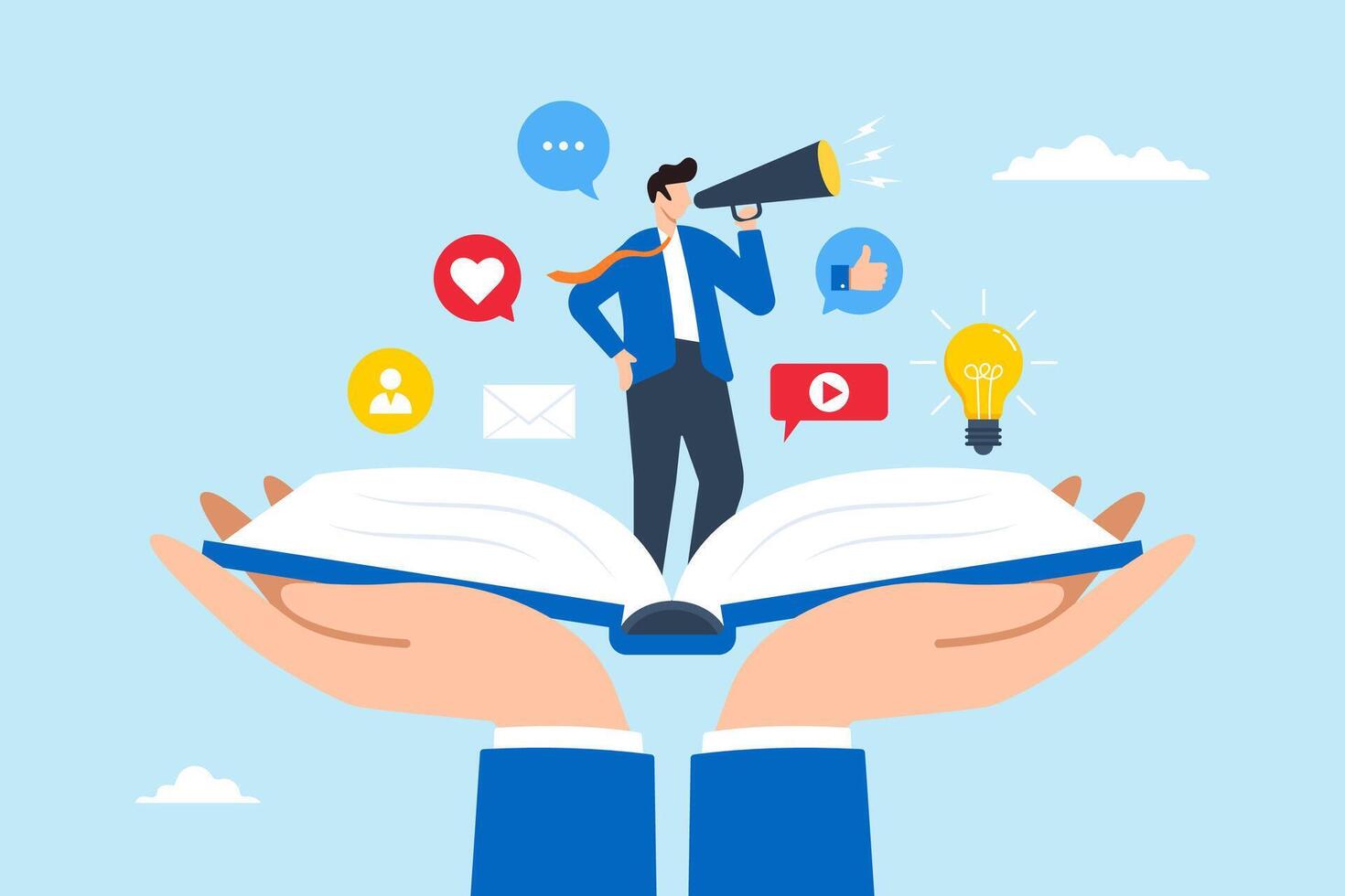 Flat illustration of young man tells brand story through opening book and megaphone communicating creativity and narrative vector