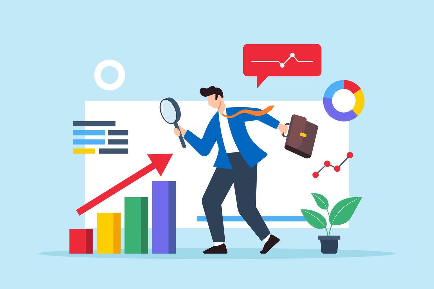 Flat illustration of businessman uses magnifying glass to analyze charts and graphs in research report vector