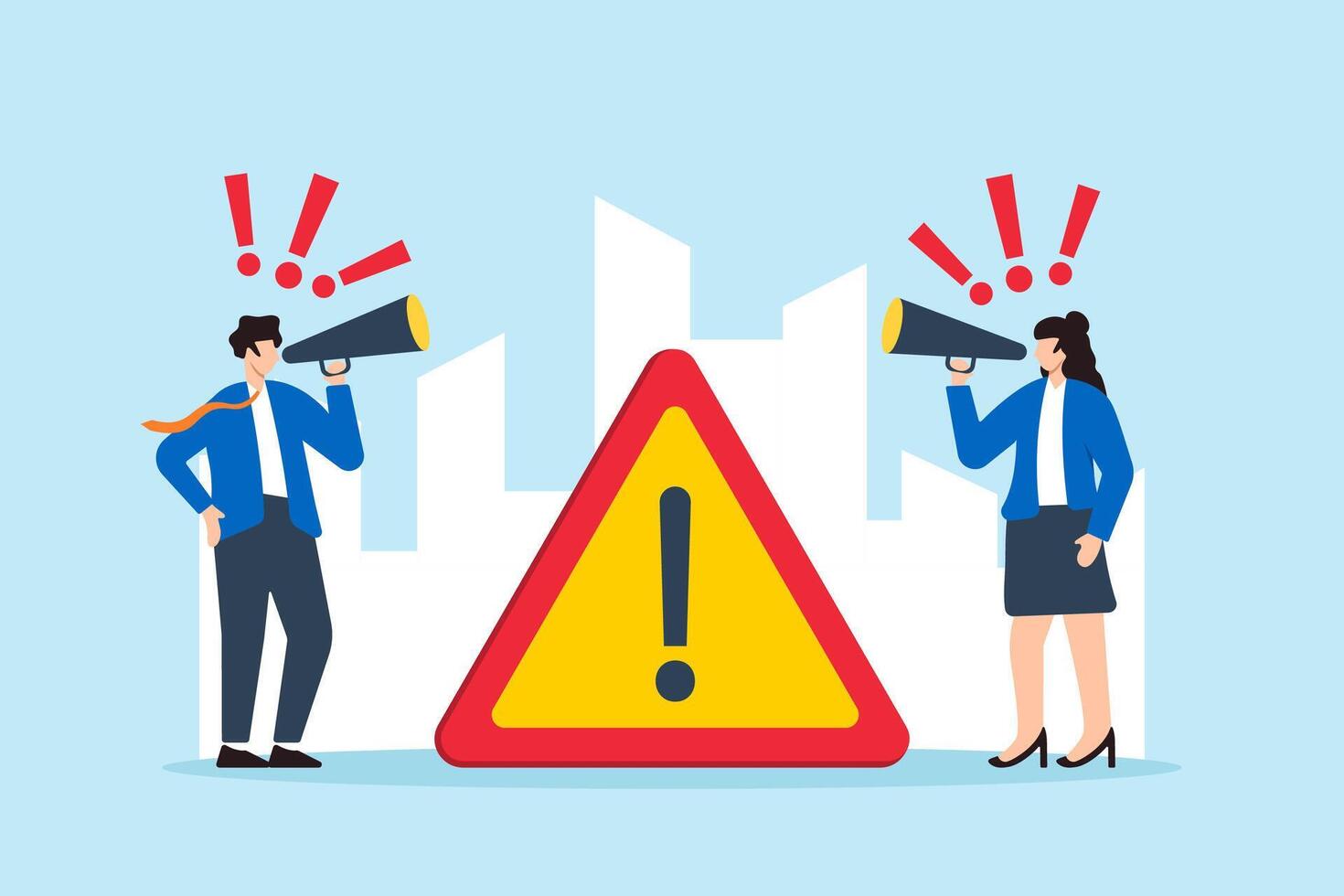 Flat illustration of business people announce urgent information through megaphone capturing attention with exclamation sign vector