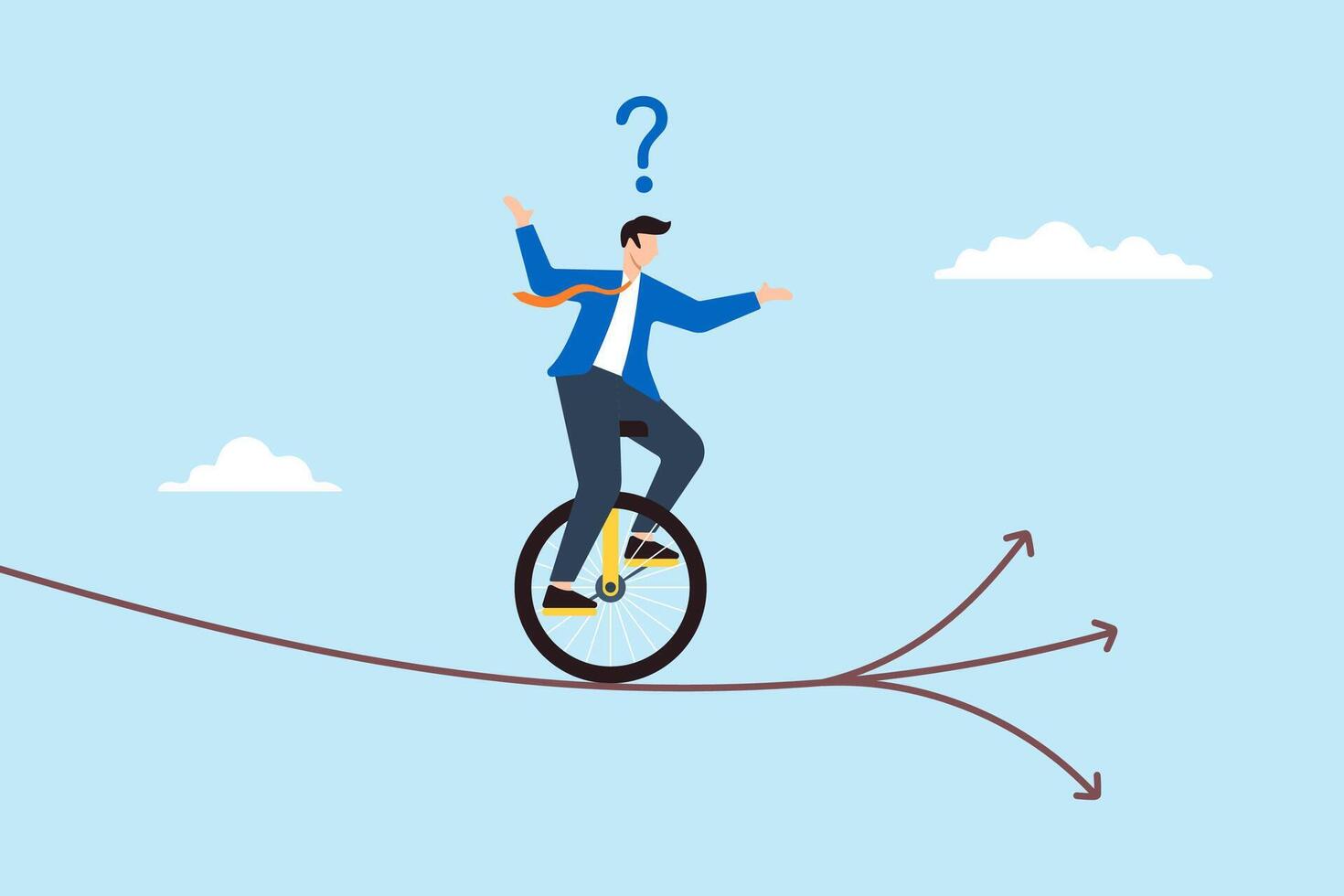 Flat illustration of businessman acrobat with one wheel bicycle chooses direction at crossroad symbolizing career decision-making vector