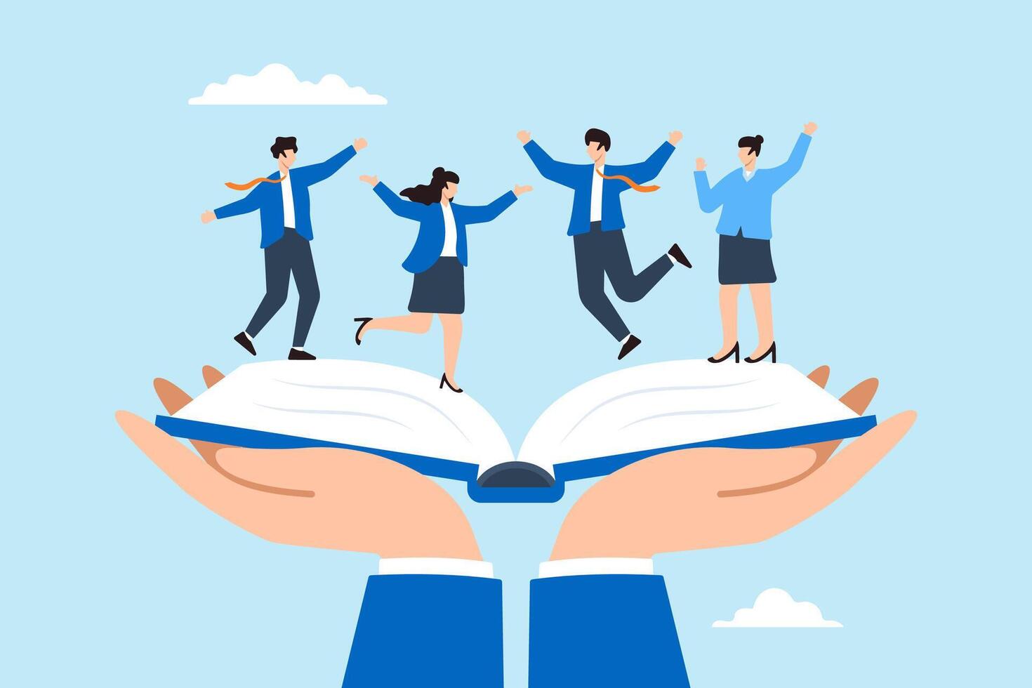 Flat illustration of businessman holds employee handbook providing onboarding procedures to new hires for company success vector