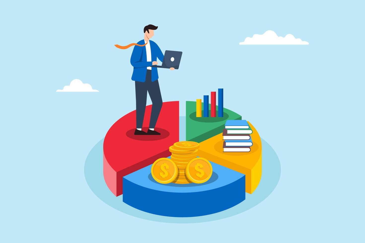 Flat illustration of businessman works on laptop analyzing pie chart for asset allocation and financial diversification vector