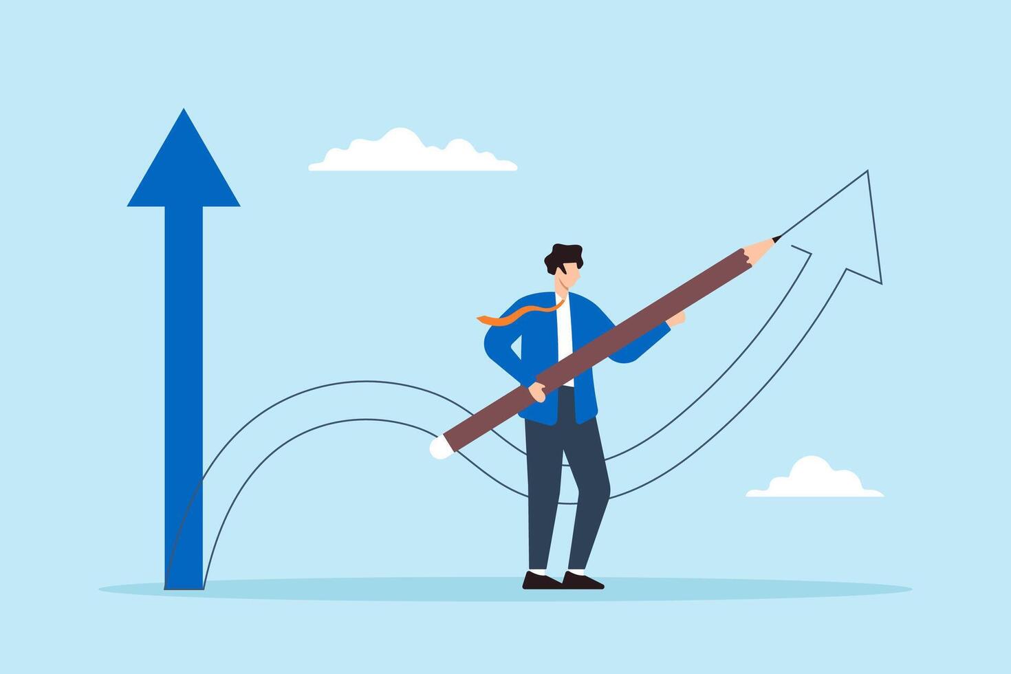 Flat illustration of businessman draws new arrow symbolizing changing direction for better career opportunity vector
