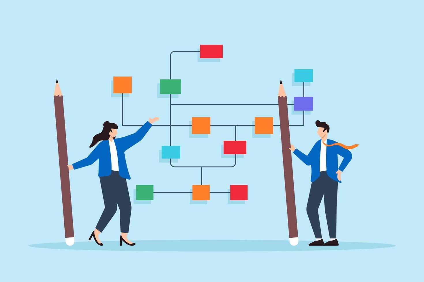 Flat illustration of business people draw workflow diagram designing model to improve business process solutions vector