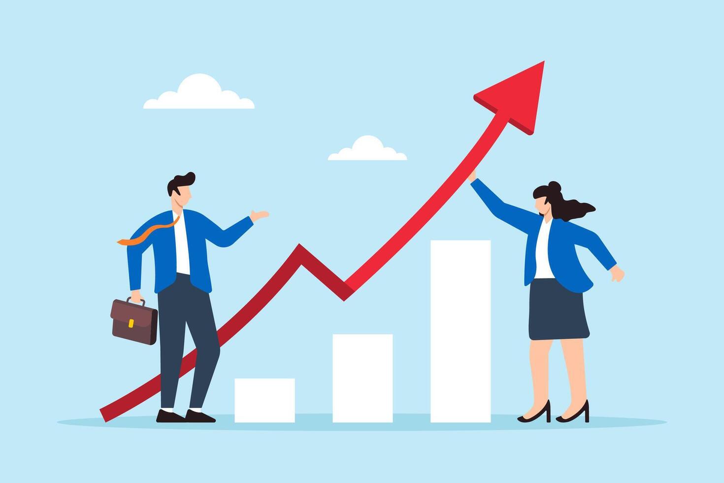 Flat illustration of businessman and businesswoman team up to grow rising arrow chart symbolizing growth strategy vector