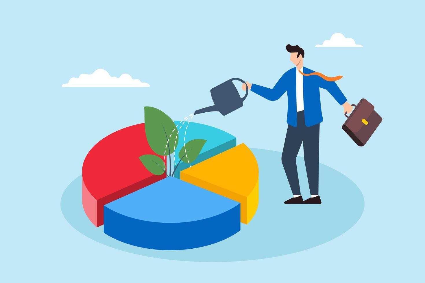 Flat illustration of businessman watering investment portfolio pie chart symbolizing growing passive income vector
