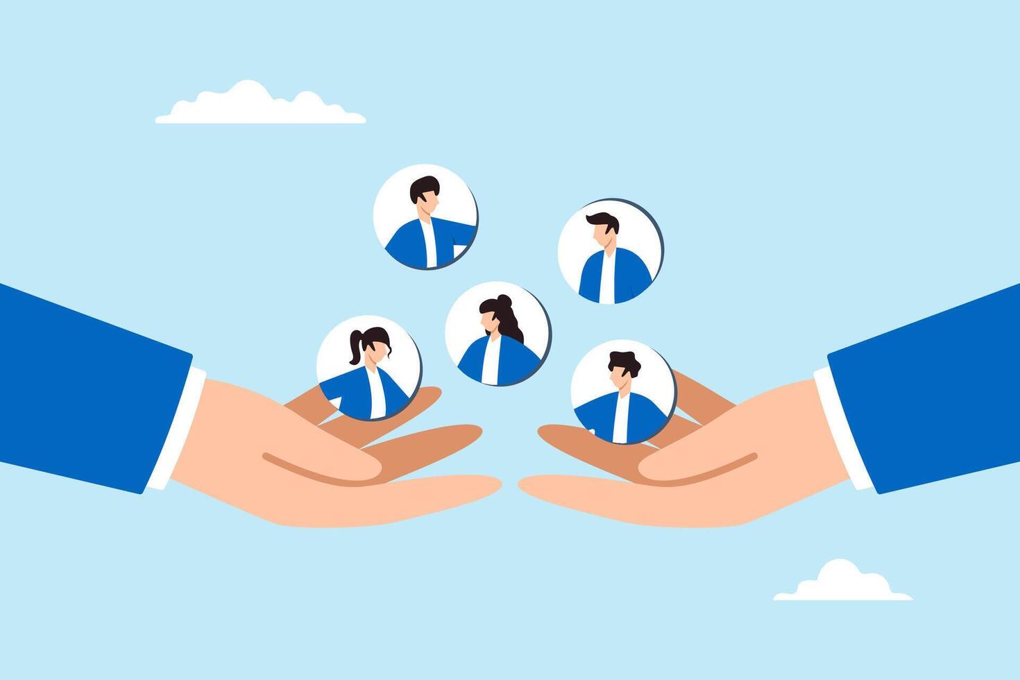 Flat illustration of businessman hand holds customer carefully symbolizing customer retention and loyalty vector