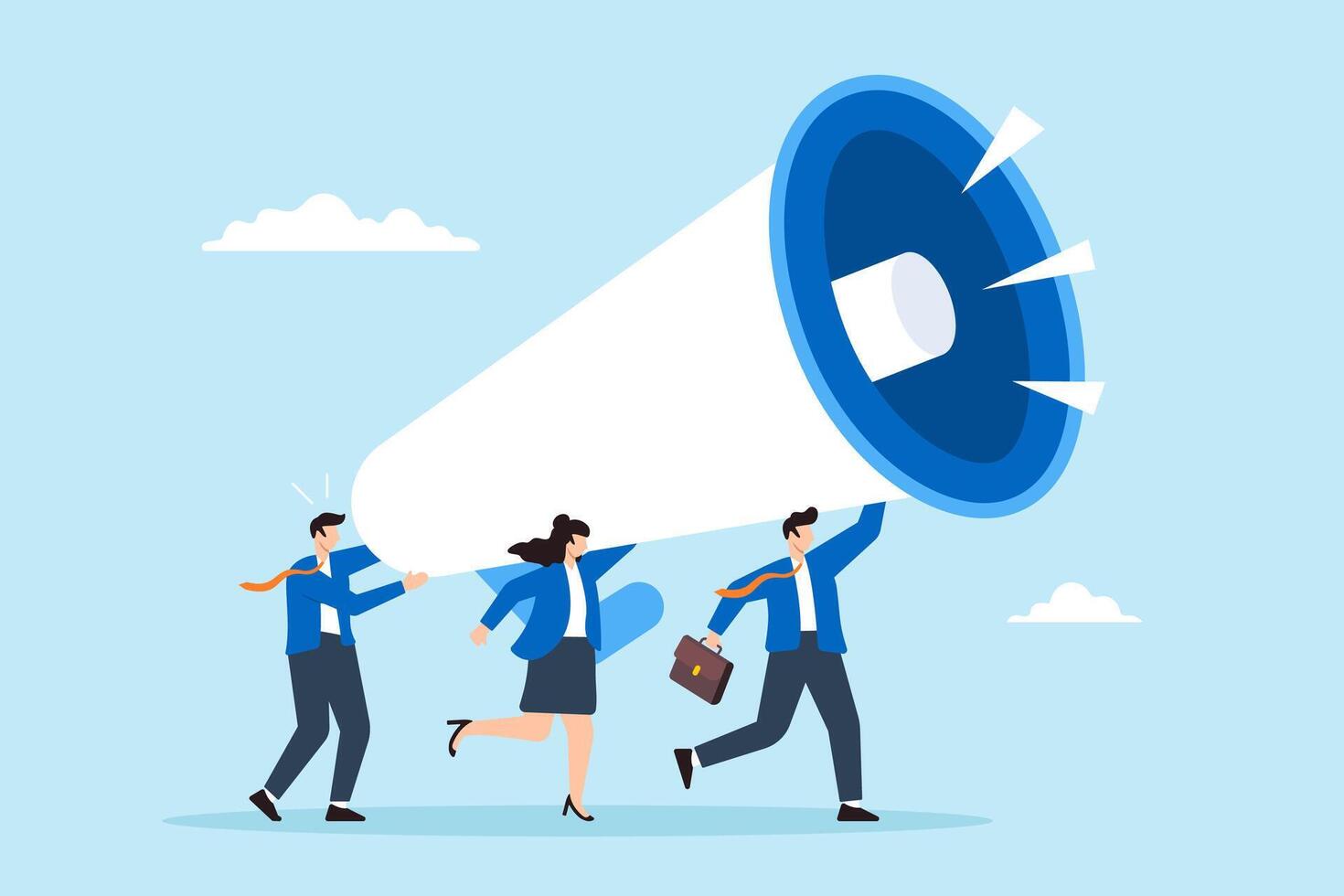 Flat illustration of business people shout on megaphone announcing marketing communications and promotions vector