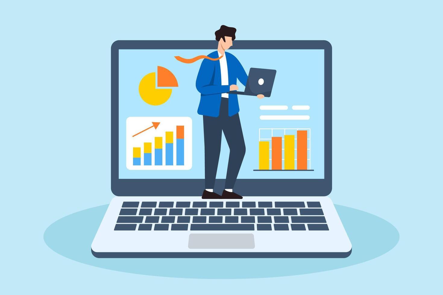 Flat illustration of businessman investor examines financial chart on laptop searching for profit opportunities in data analysis vector