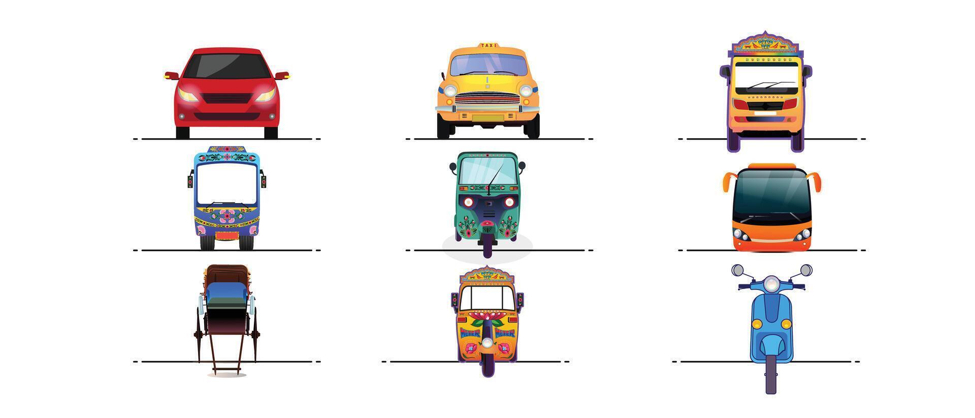 Front view of sedan, auto, truck, rickshaw, yellow taxi and scooter vehicle, urban transport flat style vector